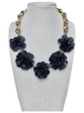 Talbots Black Floral Cluster Necklace with Gold-Tone Chain